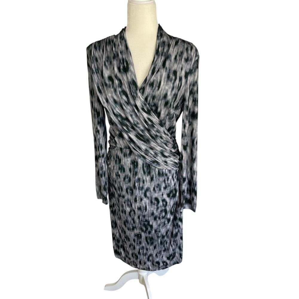 David Meister Animal Print Ruched Midi Sheath Dress Sz 14 Timeless Classic Chic - Picture 3 of 12